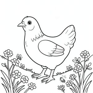 solo, một con chim, một đầu, hai mắt, một mỏ, hai cánh, hai chân, một đuôi, tỷ lệ tự nhiên, quy mô thích hợp trong môi trường, đúng giải phẫu, gà, quả mọng, sườn đồi, nắng, cỏ, hoa dại, ong, vo ve, nhỏ, đơn giản, sạch sẽ, trang màu, nghệ thuật đường, nền trắng, solo, chủ đề đơn, chính xác về mặt giải phẫu, giải phẫu hoàn hảo