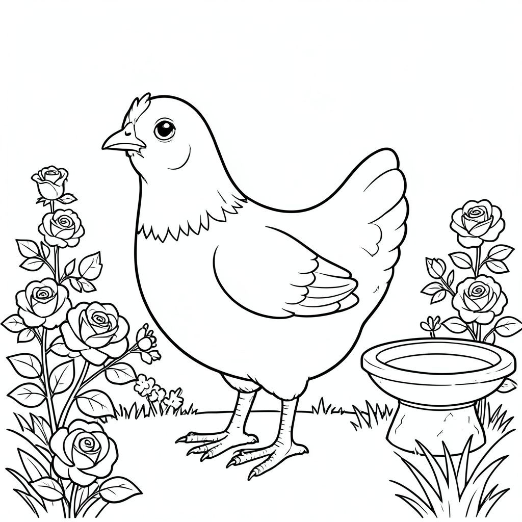solo, một con chim, một đầu, hai mắt, một mỏ, hai cánh, hai chân, một đuôi, tỷ lệ tự nhiên, quy mô thích hợp trong môi trường, đúng giải phẫu, gà, vườn, hoa hồng, băng ghế đá, bồn tắm chim, ánh sáng mặt trời, cỏ, đơn giản, lý lịch, dọn dẹp, tinh khiết, tô màu, nghệ thuật đường, nền trắng, solo, chủ đề đơn, đúng giải phẫu, giải phẫu hoàn hảo