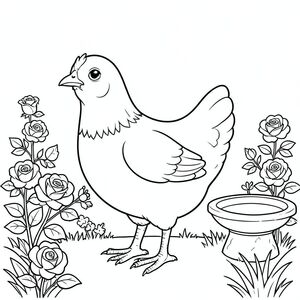 solo, một con chim, một đầu, hai mắt, một mỏ, hai cánh, hai chân, một đuôi, tỷ lệ tự nhiên, quy mô thích hợp trong môi trường, đúng giải phẫu, gà, vườn, hoa hồng, băng ghế đá, bồn tắm chim, ánh sáng mặt trời, cỏ, đơn giản, lý lịch, dọn dẹp, tinh khiết, tô màu, nghệ thuật đường, nền trắng, solo, chủ đề đơn, đúng giải phẫu, giải phẫu hoàn hảo