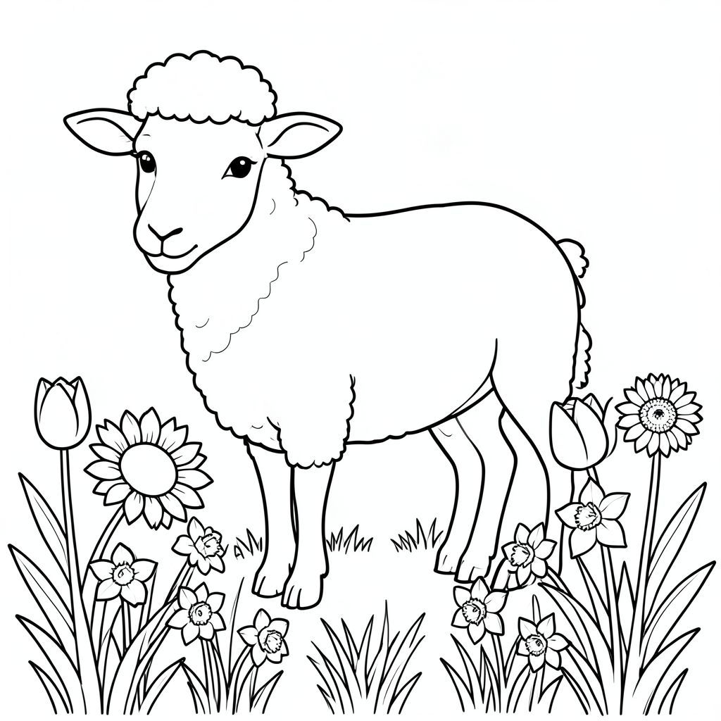 solo, chủ đề đơn, một đầu, hai mắt, hai tai, bốn chân, một đuôi, tỷ lệ tự nhiên, quy mô thích hợp trong môi trường, đúng giải phẫu, Cừu, hướng dương, hoa tulip, hoa thủy tiên, vườn, hàng, hoa, cỏ, dọn dẹp, đơn giản, lý lịch, trang màu, nghệ thuật đường, nền trắng, solo, chủ đề đơn, đúng giải phẫu, giải phẫu hoàn hảo