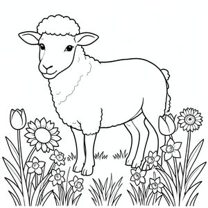 solo, chủ đề đơn, một đầu, hai mắt, hai tai, bốn chân, một đuôi, tỷ lệ tự nhiên, quy mô thích hợp trong môi trường, đúng giải phẫu, Cừu, hướng dương, hoa tulip, hoa thủy tiên, vườn, hàng, hoa, cỏ, dọn dẹp, đơn giản, lý lịch, trang màu, nghệ thuật đường, nền trắng, solo, chủ đề đơn, đúng giải phẫu, giải phẫu hoàn hảo