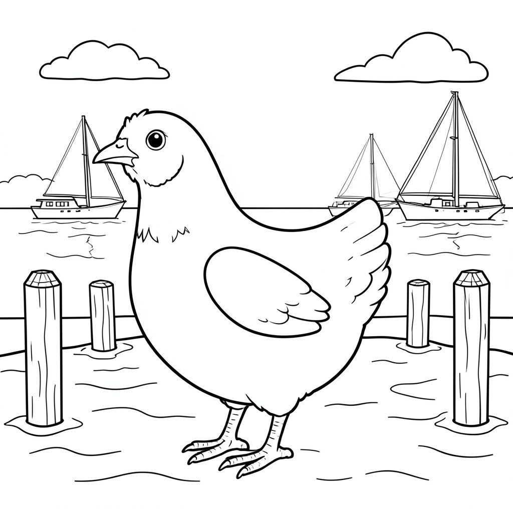 solo, một con chim, một đầu, hai mắt, một mỏ, hai cánh, hai chân, một đuôi, tỷ lệ tự nhiên, quy mô thích hợp trong môi trường, đúng về mặt giải phẫu, gà, Bến du thuyền, Thuyền buồm, Cọc gỗ, Nước, điềm tĩnh, trong sáng, Bầu trời, Ánh sáng mặt trời, đơn giản, sạch sẽ, tô màu, nghệ thuật đường, nền trắng, solo, chủ đề đơn, đúng về mặt giải phẫu, giải phẫu hoàn hảo
