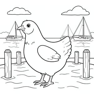 solo, một con chim, một đầu, hai mắt, một mỏ, hai cánh, hai chân, một đuôi, tỷ lệ tự nhiên, quy mô thích hợp trong môi trường, đúng về mặt giải phẫu, gà, Bến du thuyền, Thuyền buồm, Cọc gỗ, Nước, điềm tĩnh, trong sáng, Bầu trời, Ánh sáng mặt trời, đơn giản, sạch sẽ, tô màu, nghệ thuật đường, nền trắng, solo, chủ đề đơn, đúng về mặt giải phẫu, giải phẫu hoàn hảo