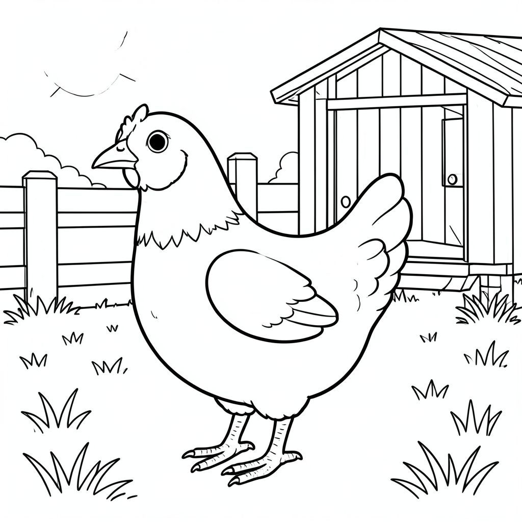 solo, một con chim, một đầu, hai mắt, một mỏ, hai cánh, hai chân, một đuôi, tỷ lệ tự nhiên, quy mô thích hợp trong môi trường, đúng giải phẫu, gà, chuồng, sân trại, hàng rào gỗ, nền đơn giản, môi trường sạch sẽ, nhỏ, nông thôn, ngoài trời, nắng, cỏ, trang màu, nghệ thuật đường, nền trắng, solo, chủ đề đơn, đúng giải phẫu, giải phẫu hoàn hảo