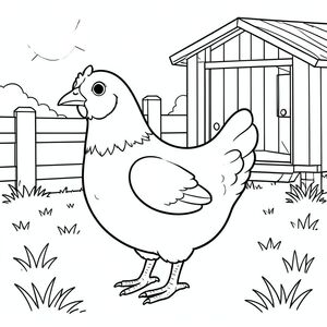 solo, một con chim, một đầu, hai mắt, một mỏ, hai cánh, hai chân, một đuôi, tỷ lệ tự nhiên, quy mô thích hợp trong môi trường, đúng giải phẫu, gà, chuồng, sân trại, hàng rào gỗ, nền đơn giản, môi trường sạch sẽ, nhỏ, nông thôn, ngoài trời, nắng, cỏ, trang màu, nghệ thuật đường, nền trắng, solo, chủ đề đơn, đúng giải phẫu, giải phẫu hoàn hảo