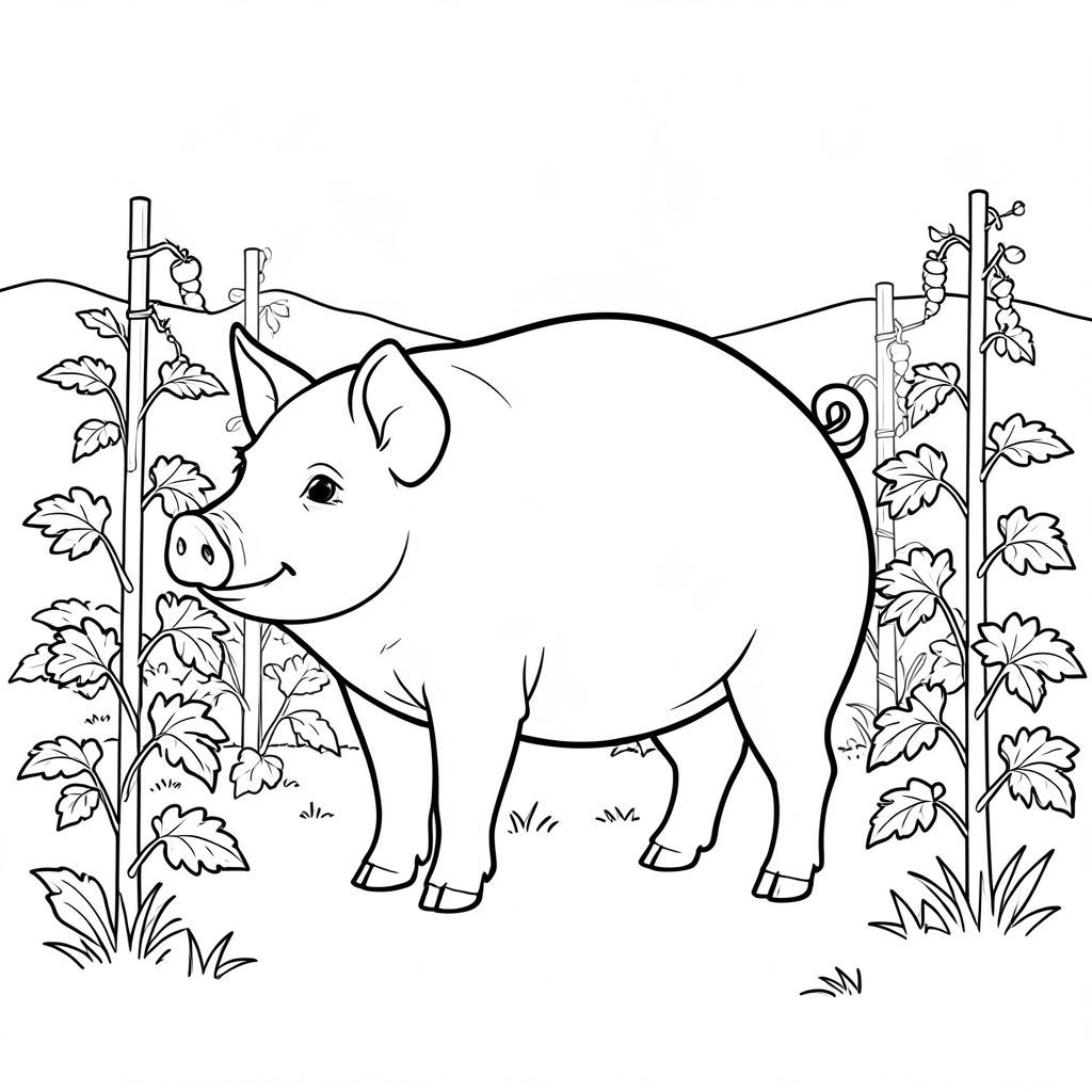 solo, chủ đề đơn, một đầu, hai mắt, hai tai, bốn chân, một đuôi, tỷ lệ tự nhiên, quy mô thích hợp trong môi trường, đúng về mặt giải phẫu, Con lợn, Vườn rau, cọc cà chua, cột đậu, nền đơn giản, môi trường sạch sẽ, nhỏ, khắc, tinh khiết, trang màu, nghệ thuật đường, nền trắng, solo, chủ đề đơn, đúng về mặt giải phẫu, giải phẫu hoàn hảo