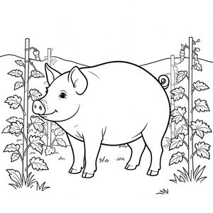 solo, chủ đề đơn, một đầu, hai mắt, hai tai, bốn chân, một đuôi, tỷ lệ tự nhiên, quy mô thích hợp trong môi trường, đúng về mặt giải phẫu, Con lợn, Vườn rau, cọc cà chua, cột đậu, nền đơn giản, môi trường sạch sẽ, nhỏ, khắc, tinh khiết, trang màu, nghệ thuật đường, nền trắng, solo, chủ đề đơn, đúng về mặt giải phẫu, giải phẫu hoàn hảo