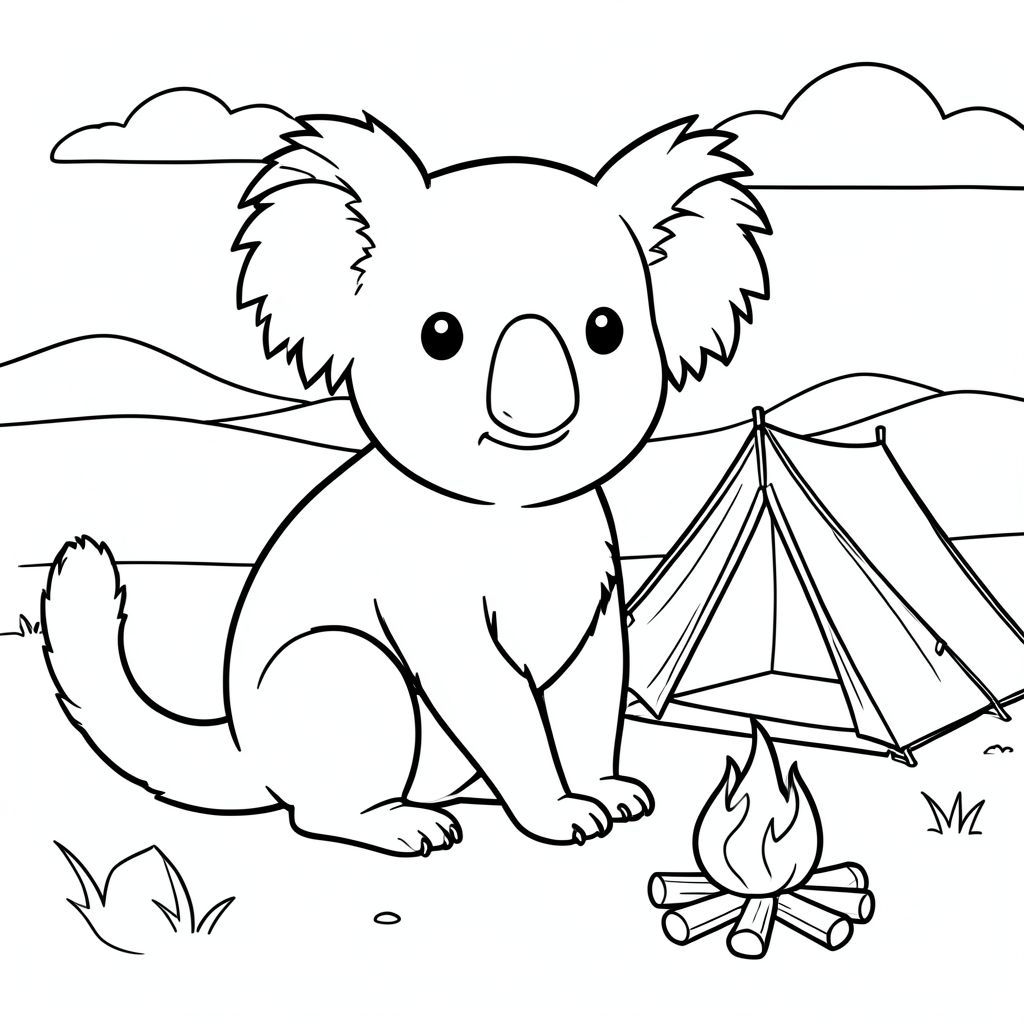 solo, chủ đề đơn, một đầu, hai mắt, hai tai, bốn chân, một đuôi, tỷ lệ tự nhiên, quy mô thích hợp trong môi trường, đúng giải phẫu, Koala, sa mạc, khu cắm trại, lều, lửa trại, nhẫn, đơn giản, sạch sẽ, phong cảnh, đường chân trời, bầu trời, tô màu, nghệ thuật đường, nền trắng, solo, chủ đề đơn, đúng về mặt giải phẫu, giải phẫu hoàn hảo