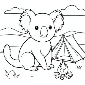 solo, chủ đề đơn, một đầu, hai mắt, hai tai, bốn chân, một đuôi, tỷ lệ tự nhiên, quy mô thích hợp trong môi trường, đúng giải phẫu, Koala, sa mạc, khu cắm trại, lều, lửa trại, nhẫn, đơn giản, sạch sẽ, phong cảnh, đường chân trời, bầu trời, tô màu, nghệ thuật đường, nền trắng, solo, chủ đề đơn, đúng về mặt giải phẫu, giải phẫu hoàn hảo