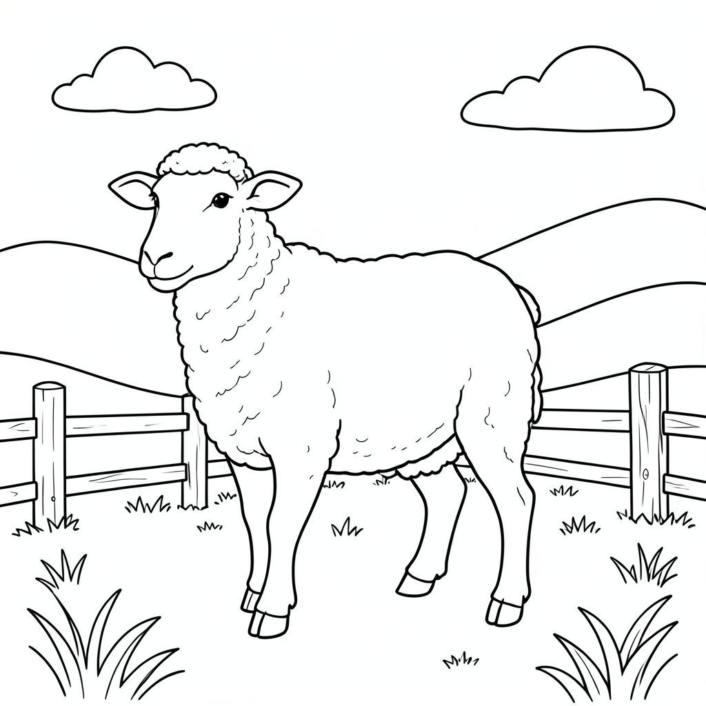 solo, chủ đề đơn, một đầu, hai mắt, hai tai, bốn chân, một đuôi, tỷ lệ tự nhiên, quy mô thích hợp trong môi trường, đúng giải phẫu, Cừu, đồng cỏ, đồi thoai thoải, Hàng rào đơn giản, bài gỗ, bầu trời quang đãng, mềm, cỏ tự nhiên, nền nhỏ, môi trường sạch sẽ, yên bình, trang màu, nghệ thuật đường, nền trắng, solo, chủ đề đơn, đúng giải phẫu, giải phẫu hoàn hảo