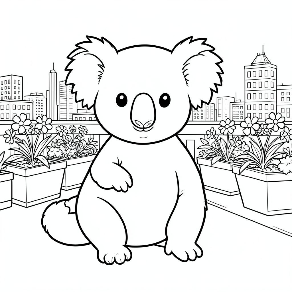 solo, chủ đề đơn, một đầu, hai mắt, hai tai, bốn chân, một đuôi, tỷ lệ tự nhiên, quy mô thích hợp trong môi trường, đúng về mặt giải phẫu, Koala, Sân thượng, Tòa nhà thành phố, Chậu trồng cây trên cao, Đường chân trời, thực vật, hoa, Ánh sáng mặt trời, dọn dẹp, đơn giản, lý lịch, tô màu, nghệ thuật đường, nền trắng, solo, chủ đề đơn, đúng về mặt giải phẫu, giải phẫu hoàn hảo