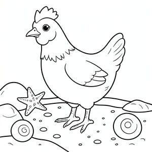 solo, một con chim, một đầu, hai mắt, một mỏ, hai cánh, hai chân, một đuôi, tỷ lệ tự nhiên, quy mô thích hợp trong môi trường, đúng giải phẫu, gà, hồ thủy triều, sao biển, ốc sên, đá, cát, nước trong, ánh sáng mặt trời, nông, nhỏ, đơn giản, trang màu, nghệ thuật đường, nền trắng, solo, chủ đề đơn, chính xác về mặt giải phẫu, giải phẫu hoàn hảo