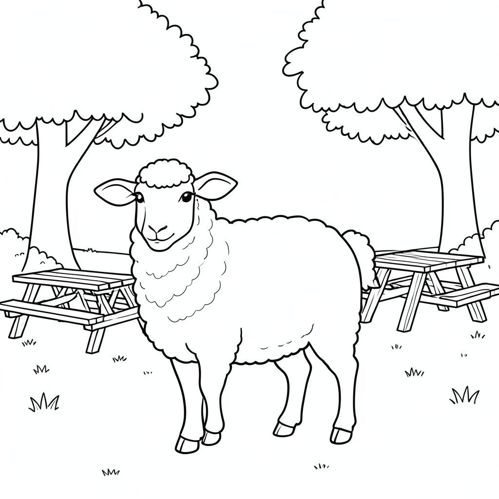 solo, chủ đề đơn, một đầu, hai mắt, hai tai, bốn chân, một đuôi, tỷ lệ tự nhiên, quy mô thích hợp trong môi trường, đúng giải phẫu, Cừu, công viên, khu dã ngoại, bàn gỗ, cây bóng mát, cỏ, nền đơn giản, dọn dẹp, sách truyện, thuần khiết, Phong cách phẳng, trang màu, nghệ thuật đường, nền trắng, Solo, chủ đề đơn, đúng giải phẫu, giải phẫu hoàn hảo