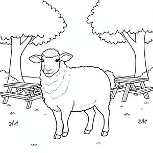 solo, chủ đề đơn, một đầu, hai mắt, hai tai, bốn chân, một đuôi, tỷ lệ tự nhiên, quy mô thích hợp trong môi trường, đúng giải phẫu, Cừu, công viên, khu dã ngoại, bàn gỗ, cây bóng mát, cỏ, nền đơn giản, dọn dẹp, sách truyện, thuần khiết, Phong cách phẳng, trang màu, nghệ thuật đường, nền trắng, Solo, chủ đề đơn, đúng giải phẫu, giải phẫu hoàn hảo