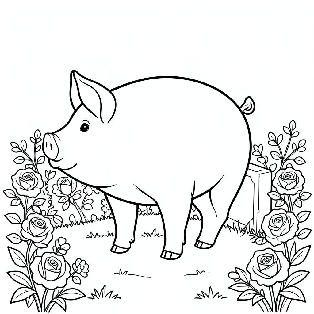 solo, chủ đề đơn, một đầu, hai mắt, hai tai, bốn chân, một đuôi, tỷ lệ tự nhiên, quy mô thích hợp trong môi trường, đúng giải phẫu, con lợn, vườn, đài tưởng niệm, đá, mảng bám, hoa hồng, bụi cây, yên tĩnh, yên bình, đơn giản, sạch sẽ, trang màu, nghệ thuật đường, nền trắng, solo, chủ đề đơn, đúng về mặt giải phẫu, giải phẫu hoàn hảo