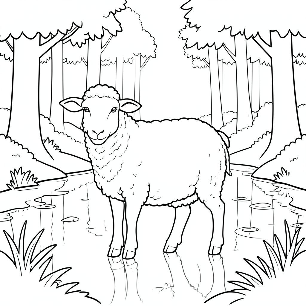 solo, chủ đề đơn, một đầu, hai mắt, hai tai, bốn chân, một đuôi, tỷ lệ tự nhiên, quy mô thích hợp trong môi trường, đúng giải phẫu, Cừu, Rừng, ao, phản chiếu, cây cối, nước trong, ánh sáng mặt trời, đơn giản, lý lịch, sạch sẽ, tinh khiết, trang màu, nghệ thuật đường, nền trắng, solo, chủ đề đơn, đúng giải phẫu, giải phẫu hoàn hảo