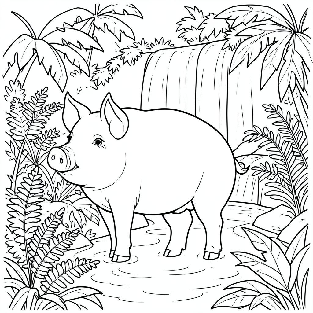 solo, chủ đề đơn, một đầu, hai mắt, hai tai, bốn chân, một đuôi, tỷ lệ tự nhiên, quy mô thích hợp trong môi trường, đúng về mặt giải phẫu, Con lợn, Dương xỉ, tươi tốt, nhiệt đới, vườn, thác nước, nhẹ nhàng, chảy, trong, Nước, Ánh sáng mặt trời, trang màu, nghệ thuật đường, nền trắng, solo, chủ đề đơn, đúng về mặt giải phẫu, giải phẫu hoàn hảo
