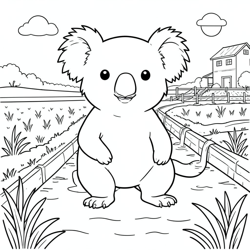 solo, chủ đề đơn, một đầu, hai mắt, hai tai, bốn chân, một đuôi, tỷ lệ tự nhiên, quy mô thích hợp trong môi trường, đúng giải phẫu, Koala, cánh đồng, thủy lợi, kênh, nước, ánh sáng mặt trời, đơn giản, dọn dẹp, trang trại, cánh đồng, thảm thực vật, trang tô màu, nghệ thuật đường, nền trắng, solo, chủ đề đơn, đúng về mặt giải phẫu, giải phẫu hoàn hảo