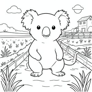 solo, chủ đề đơn, một đầu, hai mắt, hai tai, bốn chân, một đuôi, tỷ lệ tự nhiên, quy mô thích hợp trong môi trường, đúng giải phẫu, Koala, cánh đồng, thủy lợi, kênh, nước, ánh sáng mặt trời, đơn giản, dọn dẹp, trang trại, cánh đồng, thảm thực vật, trang tô màu, nghệ thuật đường, nền trắng, solo, chủ đề đơn, đúng về mặt giải phẫu, giải phẫu hoàn hảo