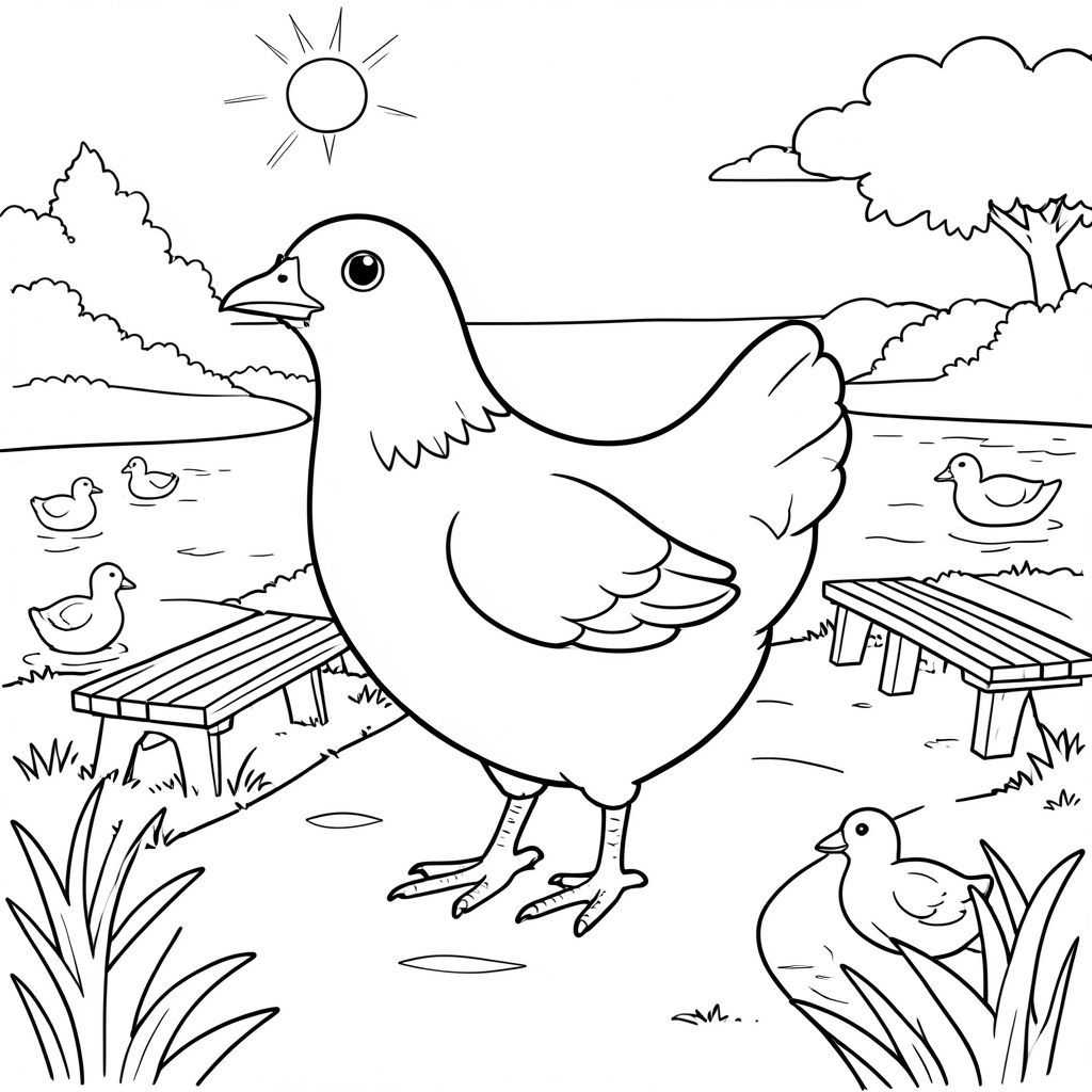 solo, một con chim, một đầu, hai mắt, một mỏ, hai cánh, hai chân, một đuôi, tỷ lệ tự nhiên, quy mô thích hợp trong môi trường, đúng giải phẫu, gà, kênh, con đường, đường đi bộ, băng ghế, vịt, nước, ánh sáng mặt trời, trong sáng, điềm tĩnh, hòa bình, trang tô màu, nghệ thuật đường, nền trắng, solo, chủ đề đơn, chính xác về mặt giải phẫu, giải phẫu hoàn hảo