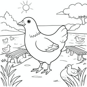 solo, một con chim, một đầu, hai mắt, một mỏ, hai cánh, hai chân, một đuôi, tỷ lệ tự nhiên, quy mô thích hợp trong môi trường, đúng giải phẫu, gà, kênh, con đường, đường đi bộ, băng ghế, vịt, nước, ánh sáng mặt trời, trong sáng, điềm tĩnh, hòa bình, trang tô màu, nghệ thuật đường, nền trắng, solo, chủ đề đơn, chính xác về mặt giải phẫu, giải phẫu hoàn hảo