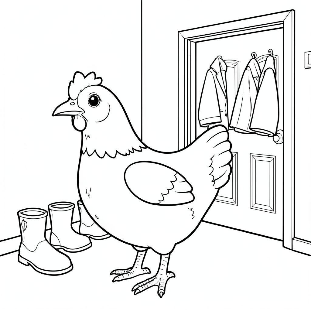 solo, một con chim, một đầu, hai mắt, một mỏ, hai cánh, hai chân, một đuôi, tỷ lệ tự nhiên, quy mô thích hợp trong môi trường, đúng giải phẫu, gà, phòng bùn, lối vào, ủng, áo khoác, cửa, đơn giản, dọn dẹp, lý lịch, Tường, sàn nhà, tô màu, nghệ thuật đường, nền trắng, solo, chủ đề đơn, chính xác về mặt giải phẫu, giải phẫu hoàn hảo