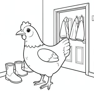 solo, một con chim, một đầu, hai mắt, một mỏ, hai cánh, hai chân, một đuôi, tỷ lệ tự nhiên, quy mô thích hợp trong môi trường, đúng giải phẫu, gà, phòng bùn, lối vào, ủng, áo khoác, cửa, đơn giản, dọn dẹp, lý lịch, Tường, sàn nhà, tô màu, nghệ thuật đường, nền trắng, solo, chủ đề đơn, chính xác về mặt giải phẫu, giải phẫu hoàn hảo