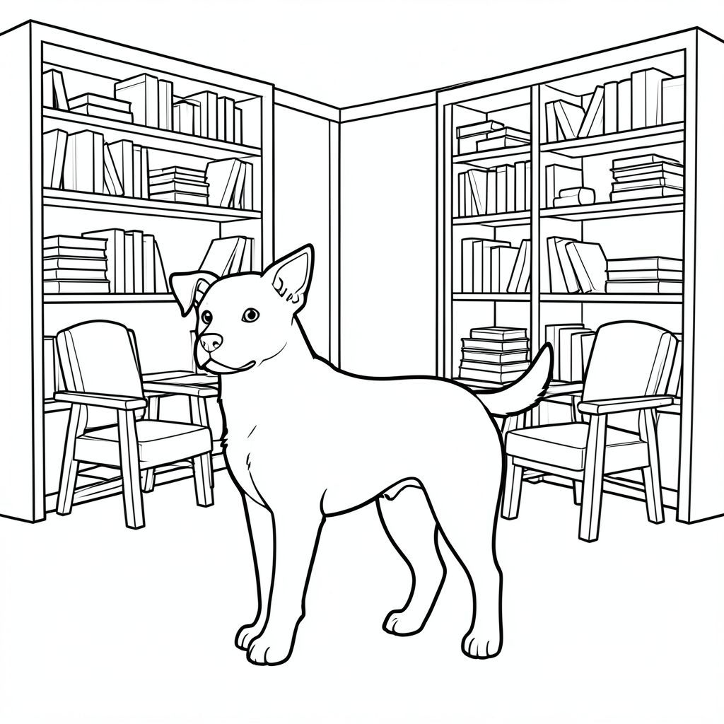 solo, chủ đề đơn, một đầu, hai mắt, hai tai, bốn chân, một đuôi, tỷ lệ tự nhiên, quy mô thích hợp trong môi trường, đúng giải phẫu,, giá sách, kệ, ngăn xếp, tràn, ghế đọc, đọc, yên tĩnh, ánh sáng mờ, bằng gỗ, đơn giản, trang màu, nghệ thuật đường nét, nền trắng, solo, chủ đề đơn, chính xác về mặt giải phẫu, giải phẫu hoàn hảo