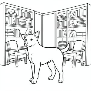 solo, chủ đề đơn, một đầu, hai mắt, hai tai, bốn chân, một đuôi, tỷ lệ tự nhiên, quy mô thích hợp trong môi trường, đúng giải phẫu,, giá sách, kệ, ngăn xếp, tràn, ghế đọc, đọc, yên tĩnh, ánh sáng mờ, bằng gỗ, đơn giản, trang màu, nghệ thuật đường nét, nền trắng, solo, chủ đề đơn, chính xác về mặt giải phẫu, giải phẫu hoàn hảo