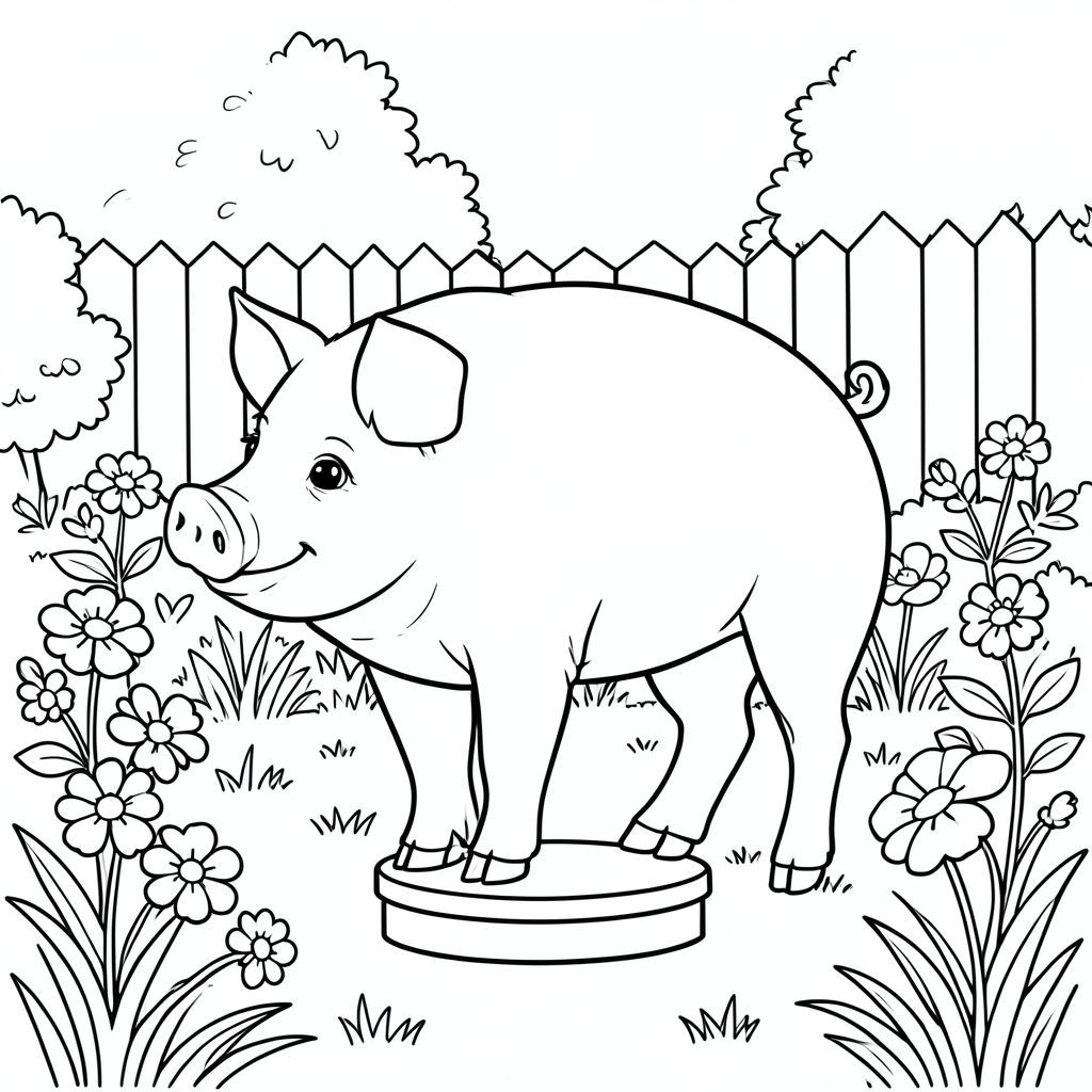 solo, chủ đề đơn, một đầu, hai mắt, hai tai, bốn chân, một đuôi, tỷ lệ tự nhiên, quy mô thích hợp trong môi trường, đúng giải phẫu, con lợn, vườn, sân sau, bệ, hoa, dọn dẹp, đơn giản, lý lịch, ánh sáng mặt trời, cỏ, tán lá, trang màu, nghệ thuật đường, nền trắng, solo, chủ đề đơn, đúng về mặt giải phẫu, giải phẫu hoàn hảo