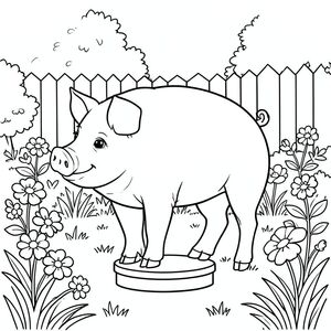 solo, chủ đề đơn, một đầu, hai mắt, hai tai, bốn chân, một đuôi, tỷ lệ tự nhiên, quy mô thích hợp trong môi trường, đúng giải phẫu, con lợn, vườn, sân sau, bệ, hoa, dọn dẹp, đơn giản, lý lịch, ánh sáng mặt trời, cỏ, tán lá, trang màu, nghệ thuật đường, nền trắng, solo, chủ đề đơn, đúng về mặt giải phẫu, giải phẫu hoàn hảo