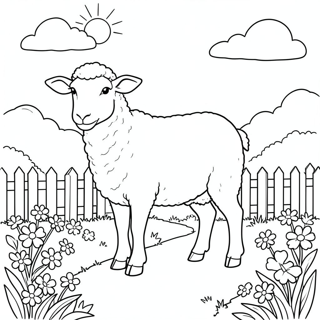 solo, chủ đề đơn, một đầu, hai mắt, hai tai, bốn chân, một đuôi, tỷ lệ tự nhiên, quy mô thích hợp trong môi trường, đúng giải phẫu, Cừu, vườn, con đường, hàng rào cọc, Hoa, ánh sáng mặt trời, bầu trời quang đãng, nền đơn giản, dọn dẹp, hình minh họa, khoa học, trang tô màu, nghệ thuật đường, nền trắng, solo, chủ đề đơn, chính xác về mặt giải phẫu, giải phẫu hoàn hảo