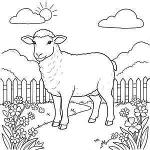 solo, chủ đề đơn, một đầu, hai mắt, hai tai, bốn chân, một đuôi, tỷ lệ tự nhiên, quy mô thích hợp trong môi trường, đúng giải phẫu, Cừu, vườn, con đường, hàng rào cọc, Hoa, ánh sáng mặt trời, bầu trời quang đãng, nền đơn giản, dọn dẹp, hình minh họa, khoa học, trang tô màu, nghệ thuật đường, nền trắng, solo, chủ đề đơn, chính xác về mặt giải phẫu, giải phẫu hoàn hảo