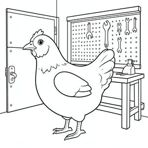 solo, một con chim, một đầu, hai mắt, một mỏ, hai cánh, hai chân, một đuôi, tỷ lệ tự nhiên, quy mô thích hợp trong môi trường, đúng giải phẫu, gà, Nhà để xe, bàn làm việc, công cụ, Bảng chốt, Tường, đơn giản, dọn dẹp, kim loại, Gỗ, Sự phản chiếu, trang màu, nghệ thuật đường, nền trắng, Solo, chủ đề đơn, chính xác về mặt giải phẫu, giải phẫu hoàn hảo