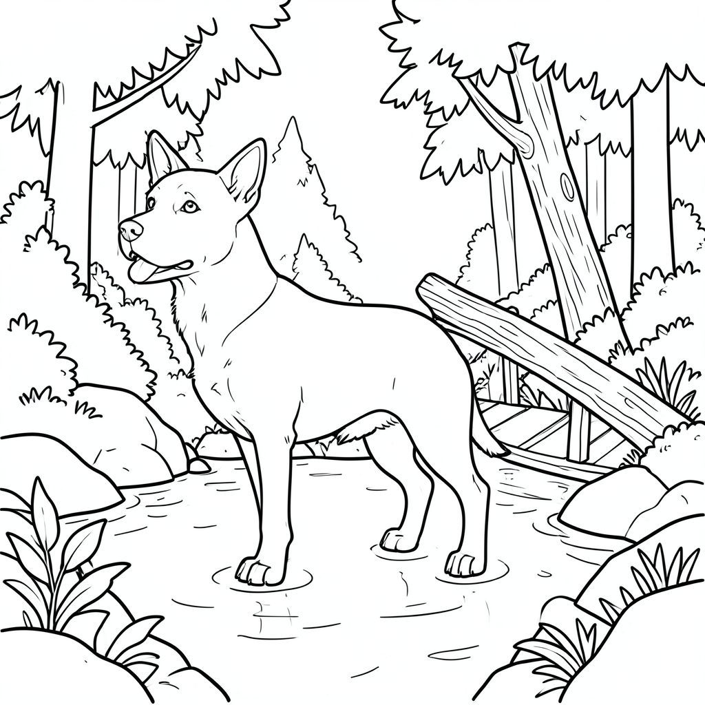 solo, chủ đề đơn, một đầu, hai mắt, hai tai, bốn chân, một đuôi, tỷ lệ tự nhiên, quy mô thích hợp trong môi trường, đúng giải phẫu, chó, Suối, nước, cầu, cây ngã, đá, rừng, tán lá, ánh sáng mặt trời, rõ ràng, mịn, trang màu, nghệ thuật đường, nền trắng, solo, chủ đề đơn, đúng về mặt giải phẫu, giải phẫu hoàn hảo