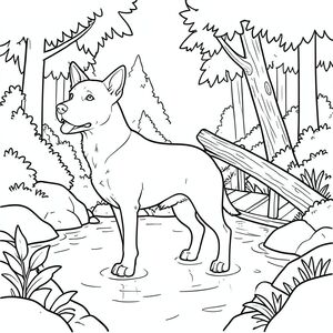 solo, chủ đề đơn, một đầu, hai mắt, hai tai, bốn chân, một đuôi, tỷ lệ tự nhiên, quy mô thích hợp trong môi trường, đúng giải phẫu, chó, Suối, nước, cầu, cây ngã, đá, rừng, tán lá, ánh sáng mặt trời, rõ ràng, mịn, trang màu, nghệ thuật đường, nền trắng, solo, chủ đề đơn, đúng về mặt giải phẫu, giải phẫu hoàn hảo