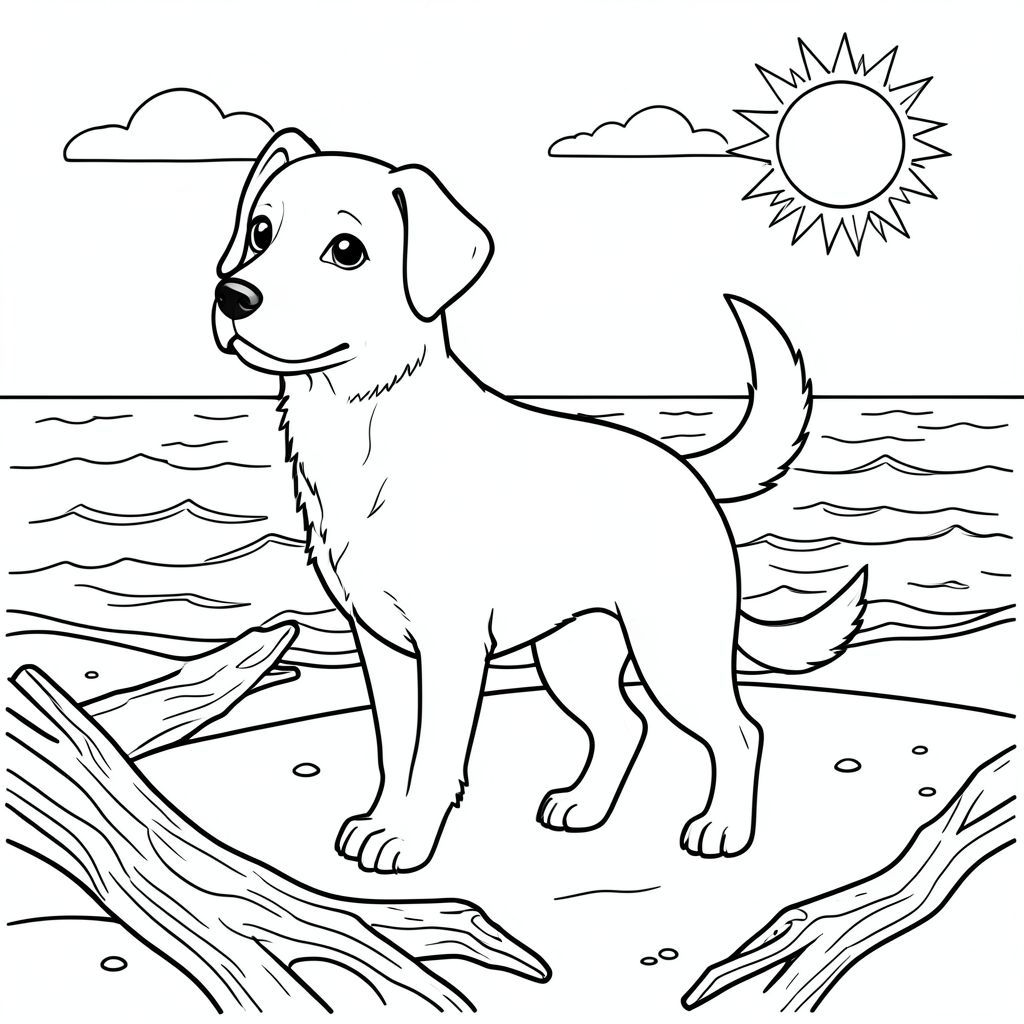 solo, chủ đề đơn, một đầu, hai mắt, hai tai, bốn chân, một đuôi, tỷ lệ tự nhiên, quy mô thích hợp trong môi trường, đúng giải phẫu,, bờ biển, bờ biển, lũa, cát, mặt trời, ấm áp, trong sáng, đại dương, sóng, bầu trời, trang màu, nghệ thuật đường, nền trắng, solo, chủ đề đơn, chính xác về mặt giải phẫu, giải phẫu hoàn hảo