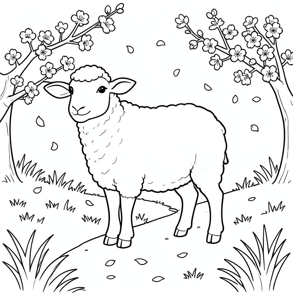 solo, chủ đề đơn, một đầu, hai mắt, hai tai, bốn chân, một đuôi, tỷ lệ tự nhiên, quy mô thích hợp trong môi trường, đúng giải phẫu, Cừu, hoa anh đào, con đường, mềm mại, rơi, Cánh hoa, Ánh sáng mặt trời, cỏ, đơn giản, sạch sẽ, lý lịch, trang màu, nghệ thuật đường, nền trắng, solo, chủ đề đơn, đúng về giải phẫu, giải phẫu hoàn hảo