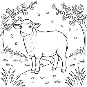 solo, chủ đề đơn, một đầu, hai mắt, hai tai, bốn chân, một đuôi, tỷ lệ tự nhiên, quy mô thích hợp trong môi trường, đúng giải phẫu, Cừu, hoa anh đào, con đường, mềm mại, rơi, Cánh hoa, Ánh sáng mặt trời, cỏ, đơn giản, sạch sẽ, lý lịch, trang màu, nghệ thuật đường, nền trắng, solo, chủ đề đơn, đúng về giải phẫu, giải phẫu hoàn hảo