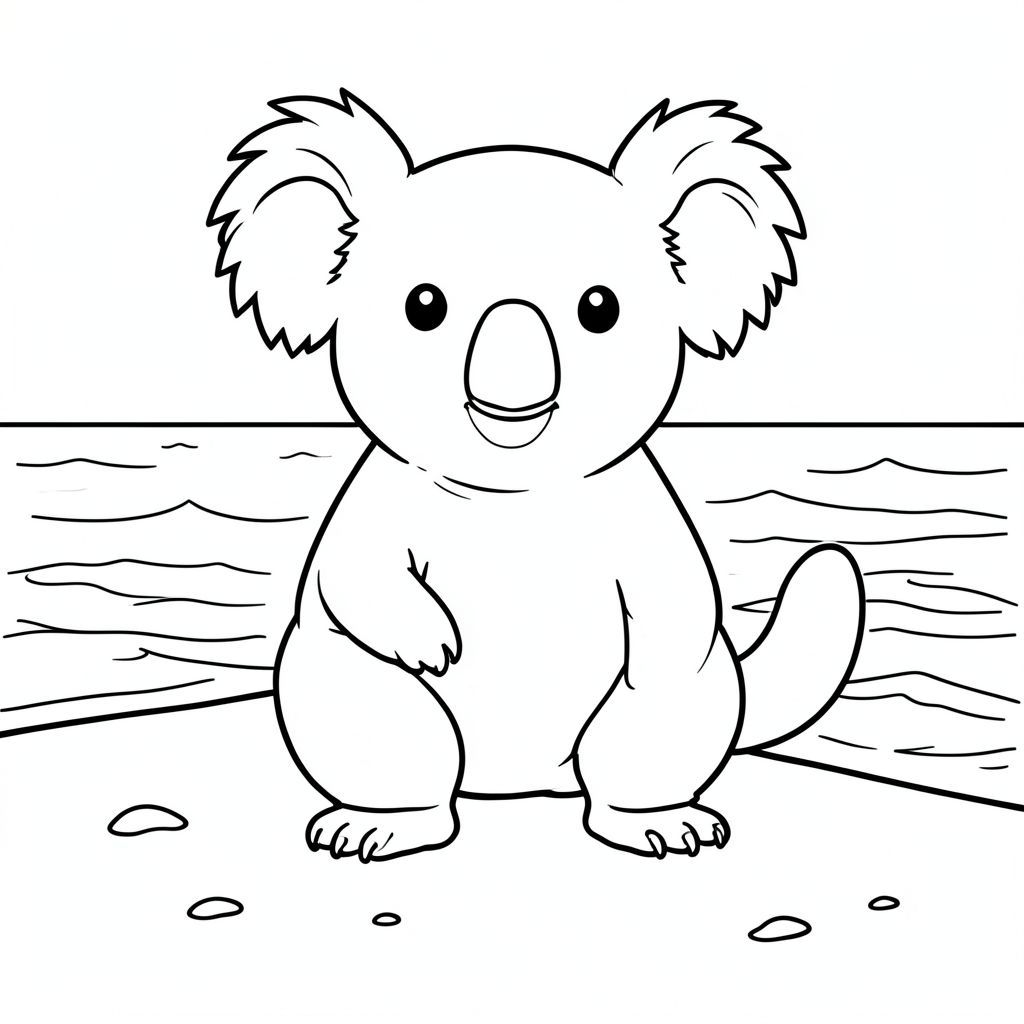 solo, chủ đề đơn, một đầu, hai mắt, hai tai, bốn chân, một đuôi, tỷ lệ tự nhiên, quy mô thích hợp trong môi trường, đúng giải phẫu, Koala, Bãi biển cát, cát, Nước, rõ ràng, ánh sáng mặt trời, ấm áp, nhẹ nhàng, sóng, bờ biển, nhỏ, trang màu, nghệ thuật đường, nền trắng, solo, chủ đề đơn, đúng về mặt giải phẫu, giải phẫu hoàn hảo