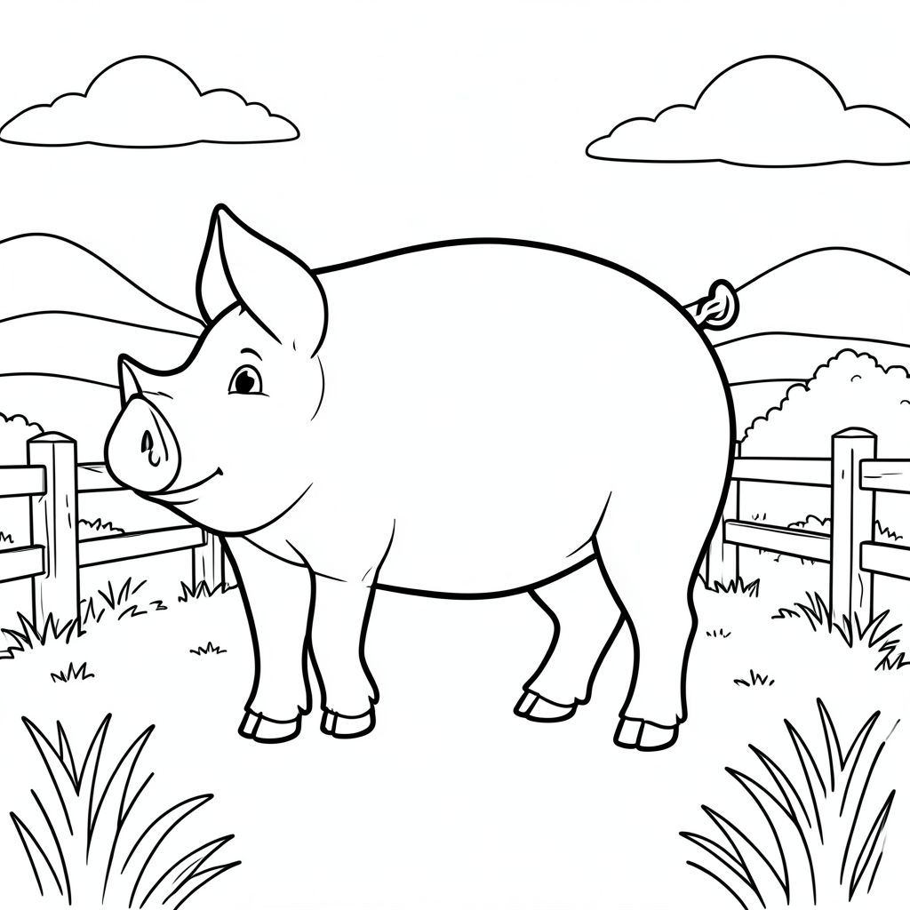 solo, chủ đề đơn, một đầu, hai mắt, hai tai, bốn chân, một đuôi, tỷ lệ tự nhiên, quy mô thích hợp trong môi trường, đúng giải phẫu, con lợn, đường nông thôn, hàng rào gỗ, đồng cỏ, nền đơn giản, dọn dẹp, đơn giản, tuyến tính, cánh đồng, nông thôn, hòa bình, tô màu, nghệ thuật đường, nền trắng, solo, chủ đề đơn, đúng giải phẫu, giải phẫu hoàn hảo