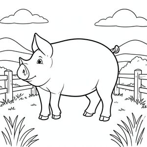 solo, chủ đề đơn, một đầu, hai mắt, hai tai, bốn chân, một đuôi, tỷ lệ tự nhiên, quy mô thích hợp trong môi trường, đúng giải phẫu, con lợn, đường nông thôn, hàng rào gỗ, đồng cỏ, nền đơn giản, dọn dẹp, đơn giản, tuyến tính, cánh đồng, nông thôn, hòa bình, tô màu, nghệ thuật đường, nền trắng, solo, chủ đề đơn, đúng giải phẫu, giải phẫu hoàn hảo