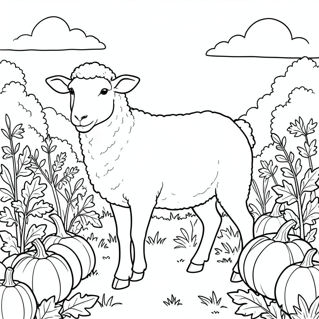 solo, chủ đề đơn, một đầu, hai mắt, hai tai, bốn chân, một đuôi, tỷ lệ tự nhiên, quy mô thích hợp trong môi trường, đúng giải phẫu, Cừu, Miếng vá bí ngô, mùa thu, buổi sáng, bầu, cánh đồng, tán lá, ánh sáng mặt trời, bầu trời quang đãng, nền đơn giản, dọn dẹp, trang tô màu, nghệ thuật đường, nền trắng, solo, chủ đề đơn, đúng giải phẫu, giải phẫu hoàn hảo