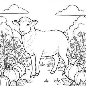 solo, chủ đề đơn, một đầu, hai mắt, hai tai, bốn chân, một đuôi, tỷ lệ tự nhiên, quy mô thích hợp trong môi trường, đúng giải phẫu, Cừu, Miếng vá bí ngô, mùa thu, buổi sáng, bầu, cánh đồng, tán lá, ánh sáng mặt trời, bầu trời quang đãng, nền đơn giản, dọn dẹp, trang tô màu, nghệ thuật đường, nền trắng, solo, chủ đề đơn, đúng giải phẫu, giải phẫu hoàn hảo