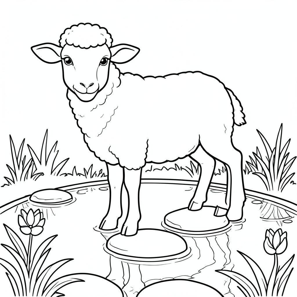 solo, chủ đề đơn, một đầu, hai mắt, hai tai, bốn chân, một đuôi, tỷ lệ tự nhiên, quy mô thích hợp trong môi trường, đúng giải phẫu, Cừu, Ao hoa huệ, đá tròn, Bước đệm, Nước, Sự phản chiếu, điềm tĩnh, thanh thản, hòa bình, rõ ràng, đơn giản, trang màu, nghệ thuật đường nét, nền trắng, solo, chủ đề đơn, đúng giải phẫu, giải phẫu hoàn hảo