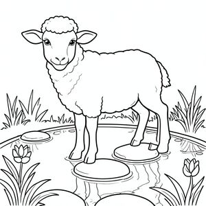 solo, chủ đề đơn, một đầu, hai mắt, hai tai, bốn chân, một đuôi, tỷ lệ tự nhiên, quy mô thích hợp trong môi trường, đúng giải phẫu, Cừu, Ao hoa huệ, đá tròn, Bước đệm, Nước, Sự phản chiếu, điềm tĩnh, thanh thản, hòa bình, rõ ràng, đơn giản, trang màu, nghệ thuật đường nét, nền trắng, solo, chủ đề đơn, đúng giải phẫu, giải phẫu hoàn hảo