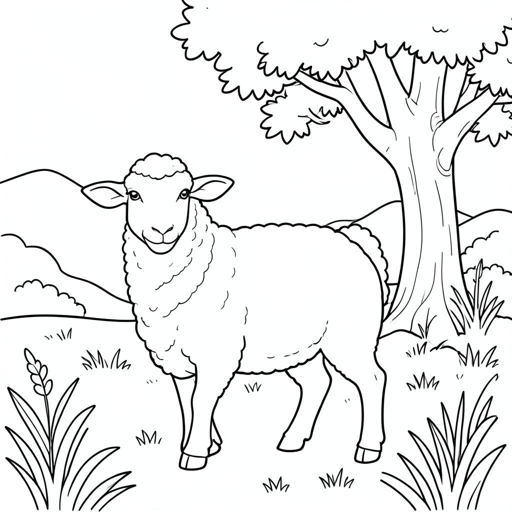 solo, chủ đề đơn, một đầu, hai mắt, hai tai, bốn chân, một đuôi, tỷ lệ tự nhiên, quy mô thích hợp trong môi trường, đúng giải phẫu, Cừu, đồng cỏ, cây sồi, bóng râm, ánh sáng mặt trời, nền đơn giản, sạch sẽ, sách truyện, tinh khiết, nội thất trắng, đơn giản, trang màu, nghệ thuật đường, nền trắng, solo, chủ đề đơn, đúng về mặt giải phẫu, giải phẫu hoàn hảo