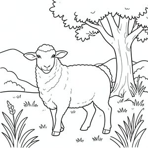 solo, chủ đề đơn, một đầu, hai mắt, hai tai, bốn chân, một đuôi, tỷ lệ tự nhiên, quy mô thích hợp trong môi trường, đúng giải phẫu, Cừu, đồng cỏ, cây sồi, bóng râm, ánh sáng mặt trời, nền đơn giản, sạch sẽ, sách truyện, tinh khiết, nội thất trắng, đơn giản, trang màu, nghệ thuật đường, nền trắng, solo, chủ đề đơn, đúng về mặt giải phẫu, giải phẫu hoàn hảo