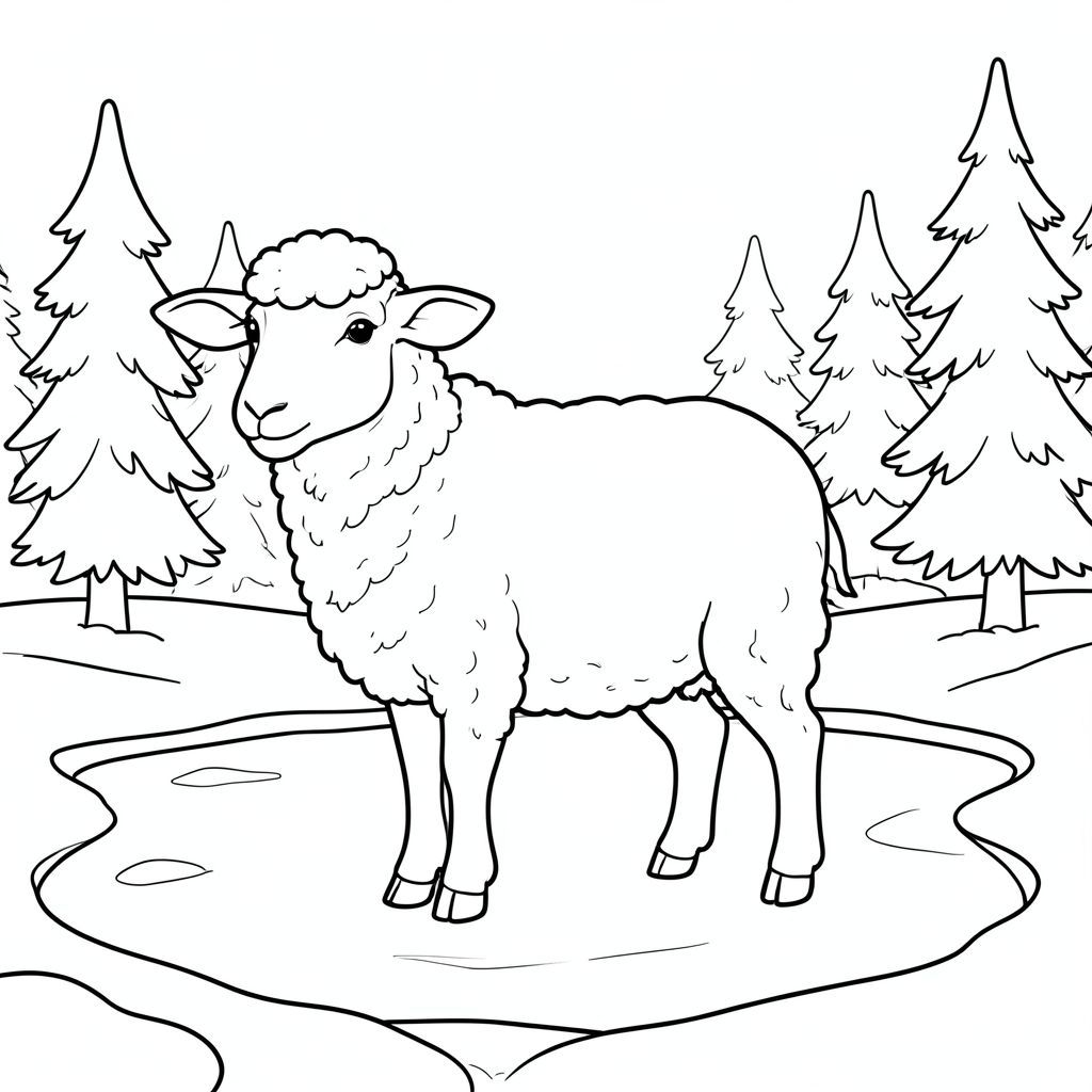 solo, chủ đề đơn, một đầu, hai mắt, hai tai, bốn chân, một đuôi, tỷ lệ tự nhiên, quy mô thích hợp trong môi trường, đúng giải phẫu, Cừu, Mùa đông, băng, ao, tuyết, thường xanh, cây cối, trắng, rõ ràng, thanh thản, điềm tĩnh, trang màu, nghệ thuật đường, nền trắng, solo, chủ đề đơn, đúng giải phẫu, giải phẫu hoàn hảo