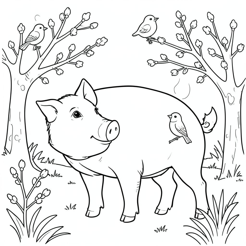 solo, chủ đề đơn, một đầu, hai mắt, hai tai, bốn chân, một đuôi, tỷ lệ tự nhiên, quy mô thích hợp trong môi trường, đúng giải phẫu, Con lợn, ánh sáng mặt trời ấm áp, mùa xuân, chim, trở lại, chồi, cây cối, nền đơn giản, sạch sẽ, tinh khiết, đơn giản, trang màu, nghệ thuật đường, nền trắng, solo, chủ đề đơn, đúng giải phẫu, giải phẫu hoàn hảo